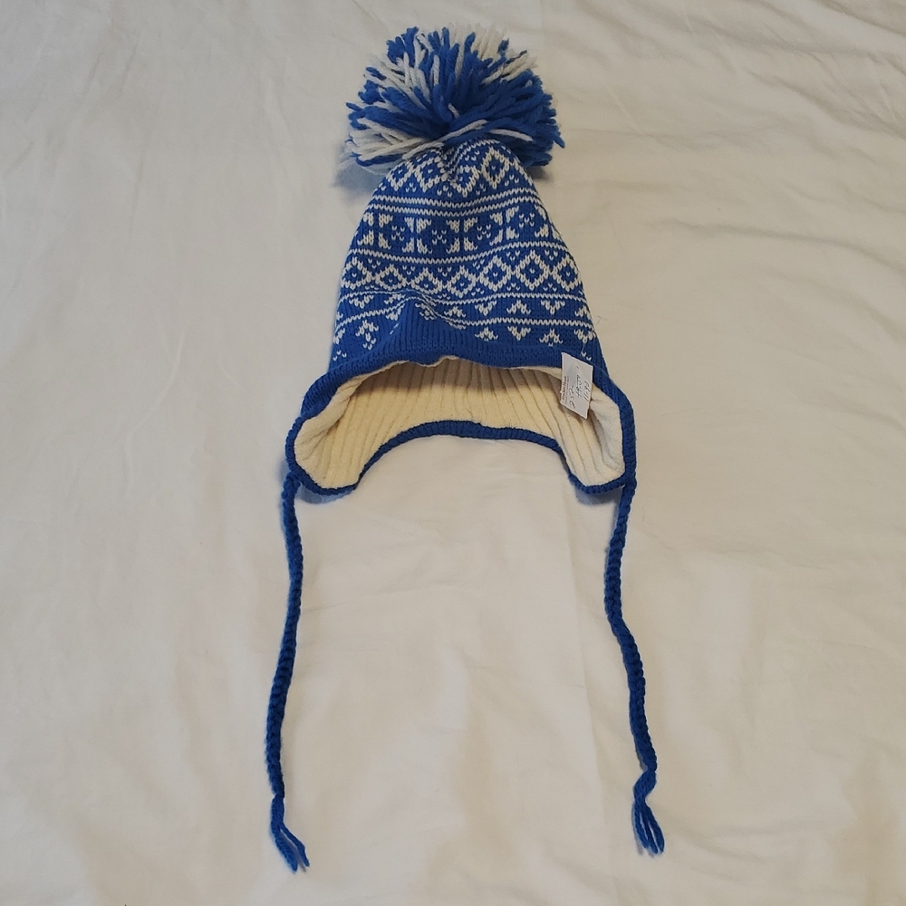 Vintage, Smiley, Pure Wool Hat, Blue and White, Pom Pom, Kids, NWT